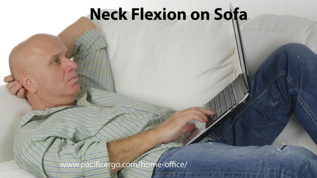 Man on sofa working on laptop with neck flexion