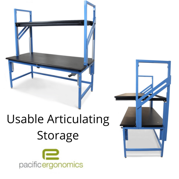 Articulating storage Articulating shelves on a Laboratory bench