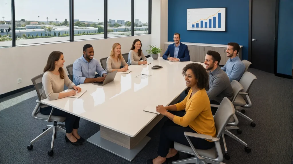 Height adjustable conference table- people discussing at table