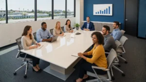 Height adjustable conference table- people discussing at table