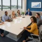 Height adjustable conference table- people discussing at table