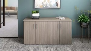 Office Credenza with Refrigerator and Trash