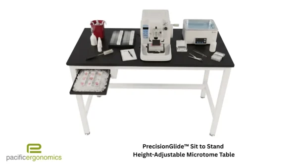 Microtome adjustable bench with shelf -Sit to stand