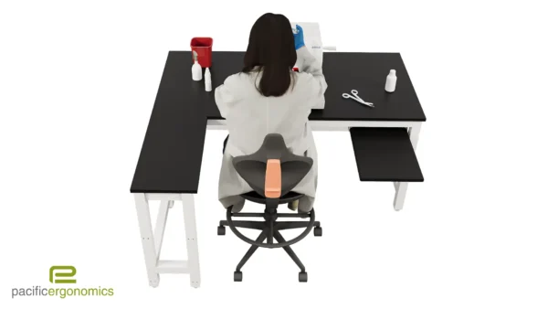 Woman working at the PrecisionGlide-S - Microtome adjustable bench with shelf