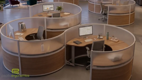 Wrap Around Desk Round Cubicles-Silver Frame-Wood Grain Laminate
