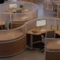 Wrap Around Desk Round Cubicles-Silver Frame-Wood Grain Laminate