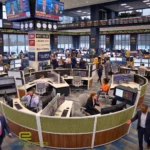 Concentric modular trading floor desks and circular financial bullpen workstations by Pacific Ergonomics