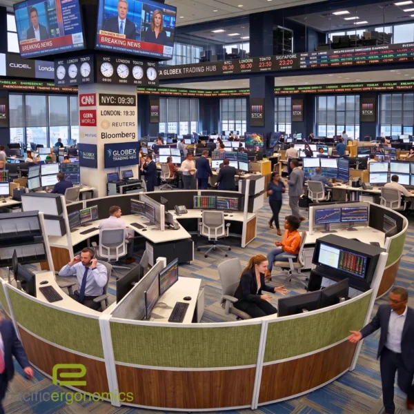 Concentric modular trading floor desks and circular financial bullpen workstations by Pacific Ergonomics Concentric modular trading floor desks and circular financial bullpen workstations by Pacific Ergonomics