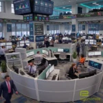 Concentric modular trading floor desks and circular financial bullpen workstations by Pacific Ergonomics- in Grey