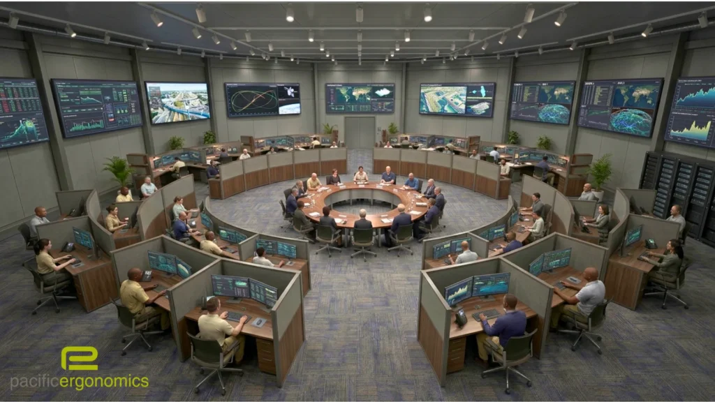 Lunar Orbit Circular Custom command center furniture by Pacific Ergonomics