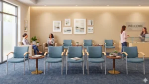 Waiting room chairs and stools to prevent wall scuff marks