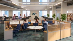 large cubicles with collaborative table in center