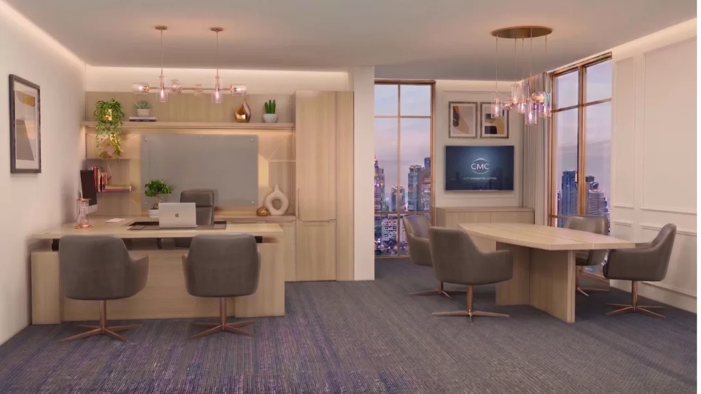 Sit-to-stand desk in light oak veneer, hidden lift mechanism, task chairs upholstered to match — pairs a private office with an adjoining small conference space.