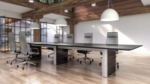 Black Conference Tables with a Wood Grain Base