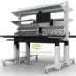 Double Sided Lab Benching, two sided bench with upper shelves