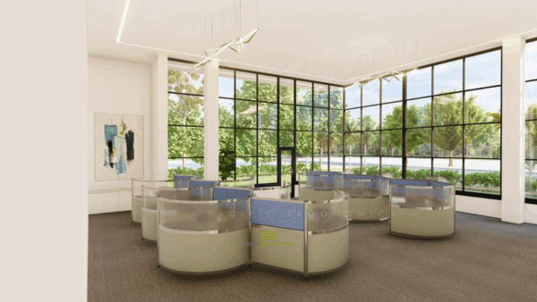 Angled curved workstations in blue