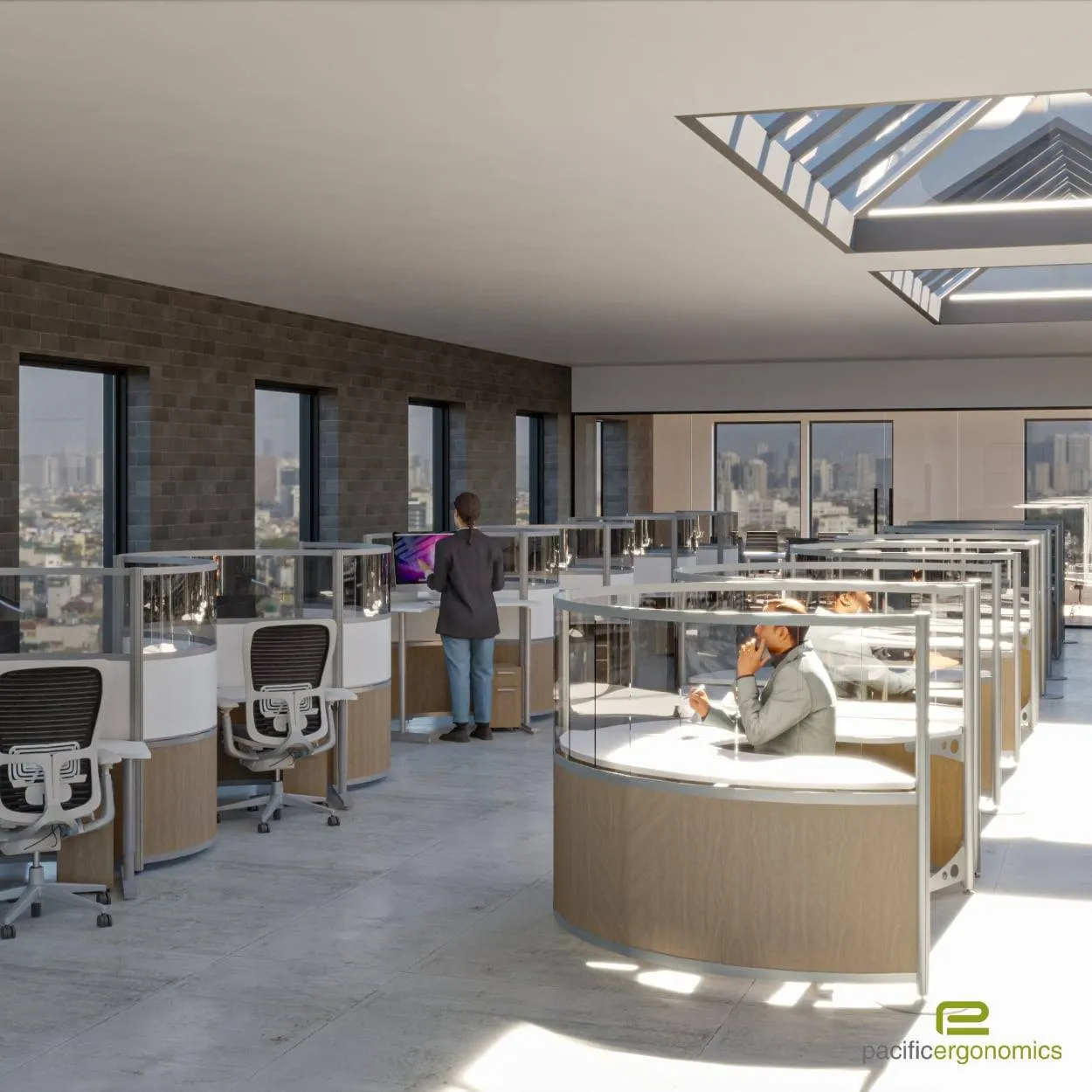 After: curved workstation layout in a renovated office