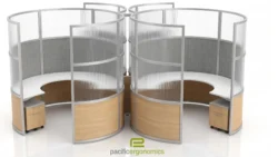 Modular manager workstations with tall curved frosted panels, wood bases and storage pedestals in a back-to-back pair