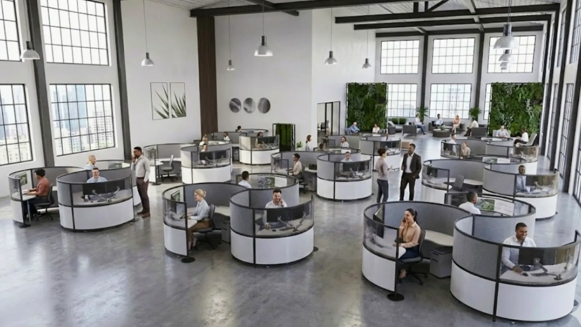 Modern vibrant corporate workspace with collaborative furniture
