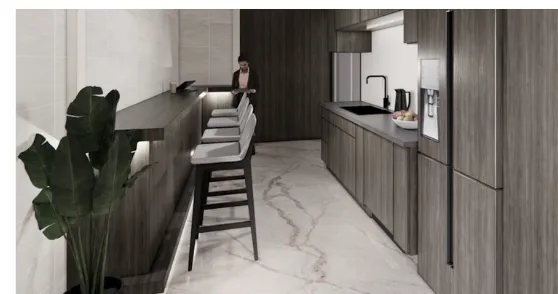 The kitchen area, finished with the same level of care as the rest of the building