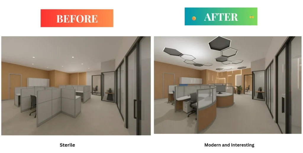 Before and after: the first floor administrative open office