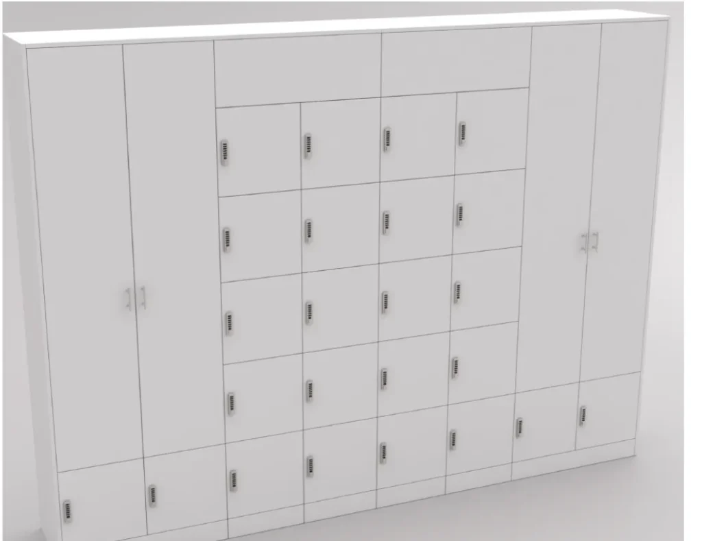 Bank of personal storage lockers, deliberately sized and placed