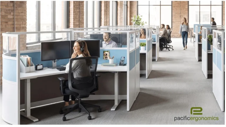 Call center floor with curved Lunar Lane workstations instead of boxy cubicles