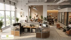 4 person cubicle workstations with walnut lower panels, frosted acrylic and rounded ends in a bright open office