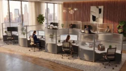 LunaCurve curved office desk two-pack with frosted acrylic panels