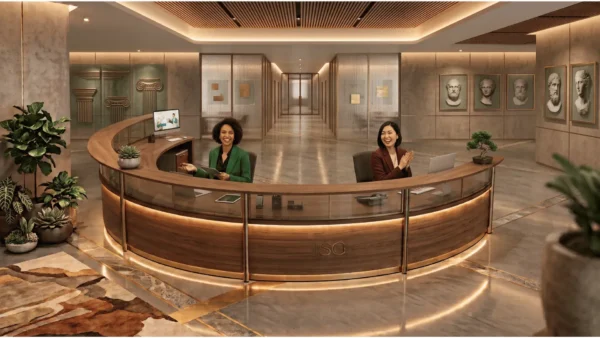 Large Curved Reception Desk, large curved desk in a wood lobby