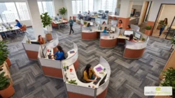 Curvilinear cubicles with angled workstations, terracotta lower panels, frosted acrylic toppers and matching terracotta chairs and planters in an open office