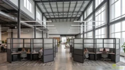 Enclosed cubicles 84 inches tall with frosted acrylic walls, charcoal fabric panels, black frames and an acoustic top in a restored warehouse office