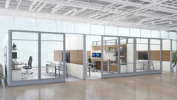 High Wall Office Cubicles with Doors, glass walled offices along windows