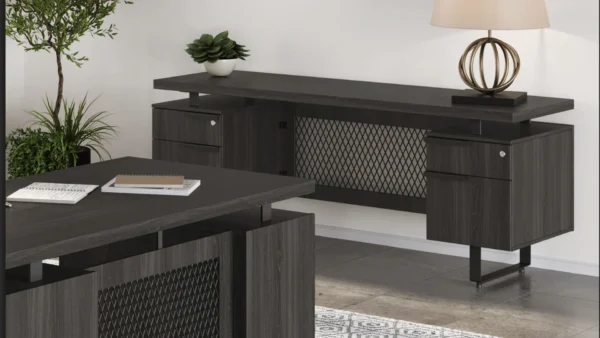 Credenza industrial Industrial Executive Desk with Adjustable Return in a dark finish