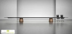 Large conference room tables ideal for narrow rooms, long table with wood bases in a gray room