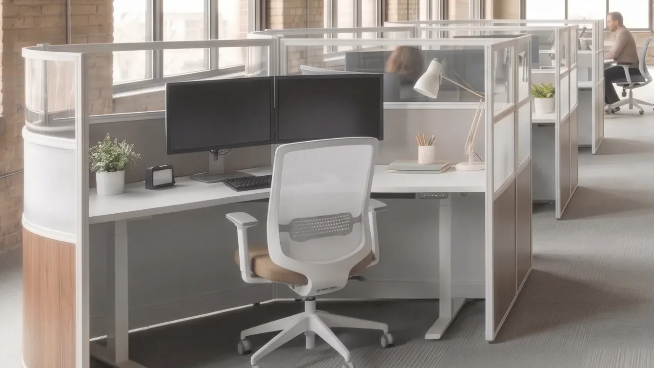 Modular cubicle with a large height-adjustable desk and a wide open aisle between workstations