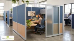 Private office cubicle with navy fabric panels, light oak lower panels, a silver frame and a sliding frosted door