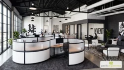 Round cubicles with black frames, frosted acrylic and white lower panels in a modern loft office