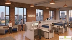 Sit stand cubicles with white panels, navy fabric, frosted acrylic and coat hooks, with an employee at a standing desk in a brick loft office