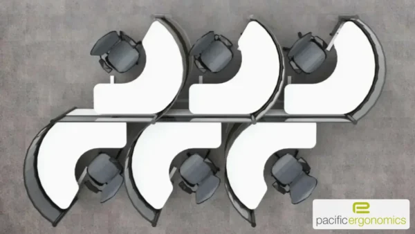 Small office cubicles with six curved desks in a compact pod, viewed from above